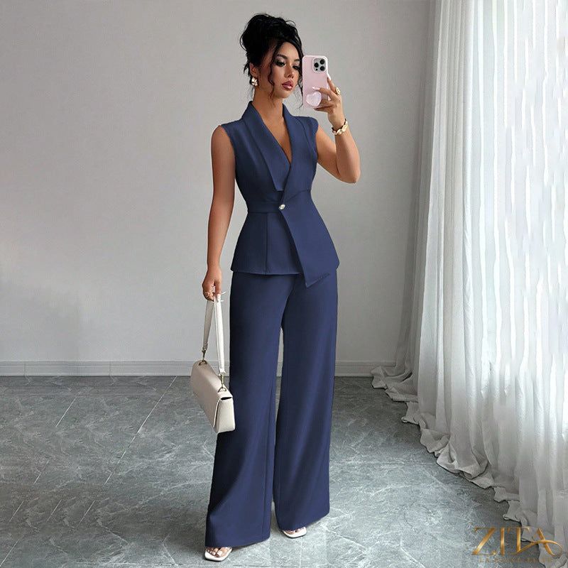 Zita La Belle Elite women's peplum sleeveless blazer and wide-leg pants two-piece set, shown on a model.
