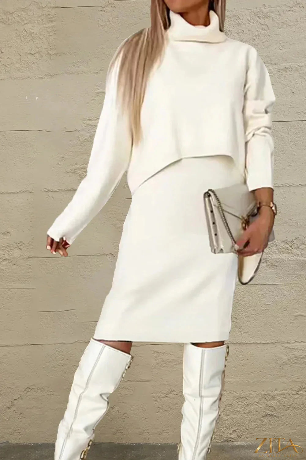 Zita La Belle Elite two-piece turtleneck dropped shoulder sweater and dress sweater set, in cozy knit fabric, worn as a stylish outfit.