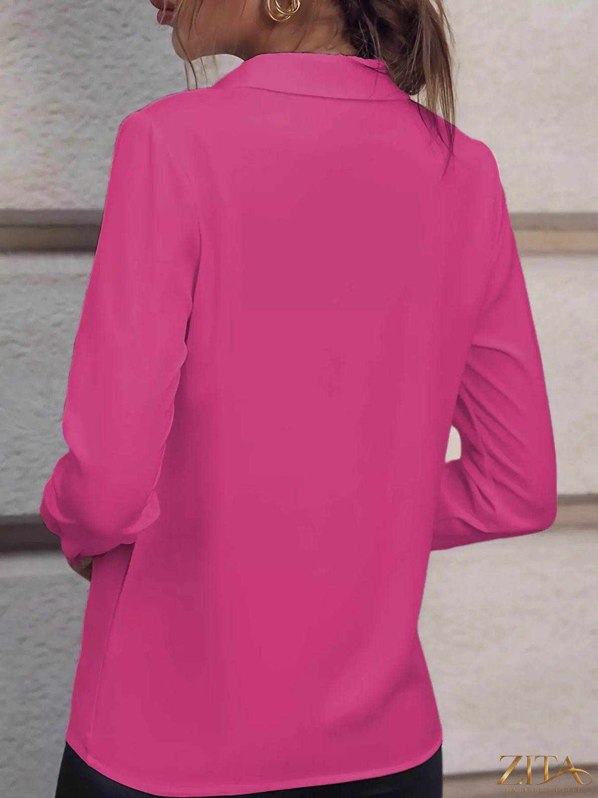 Long sleeve satin blouse by Zita La Belle Elite, showcasing smooth fabric, elegant fit, and classic collar detail.