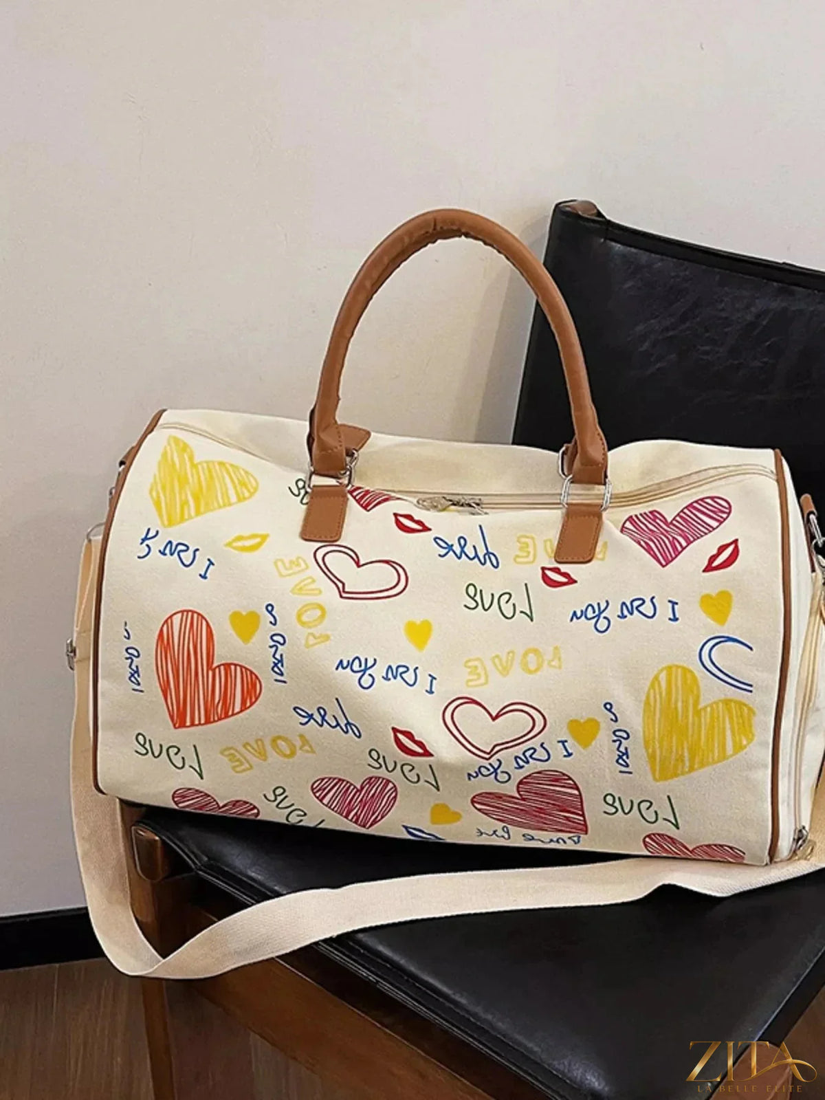Printed Zita La Belle Elite duffel bag with adjustable strap, showing stylish design and spacious interior for travel or gym use.