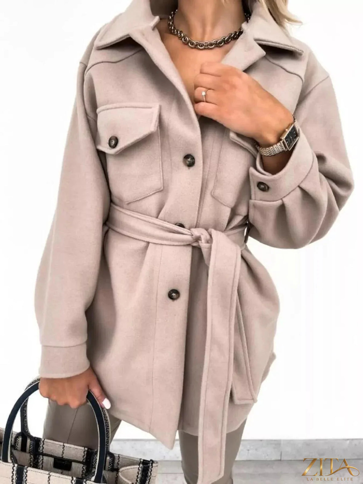 Zita La Belle Elite button-down tie waist coat in neutral fabric, featuring a classic collar and stylish waist tie detail.