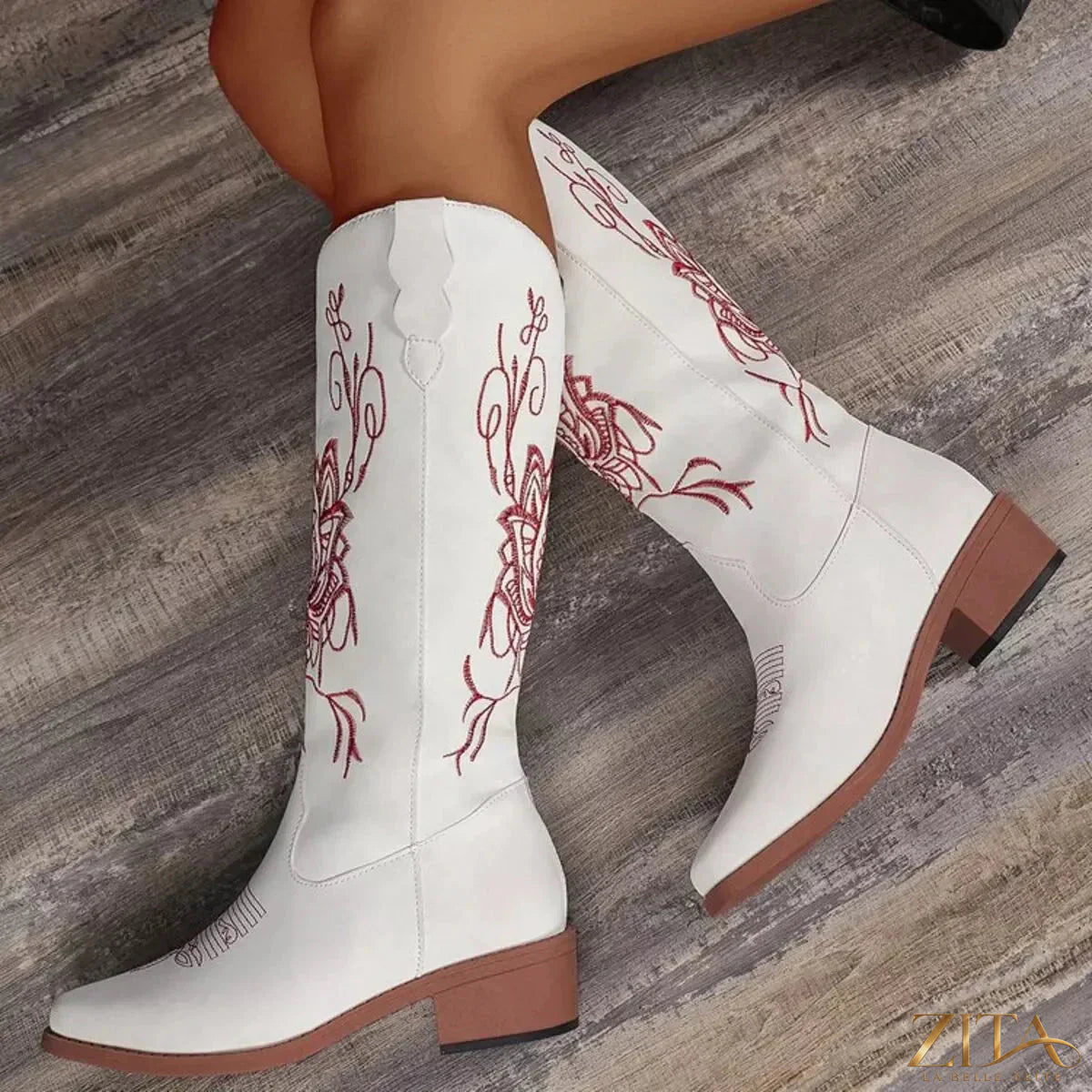 Embossed embroidered block heels boots by Zita La Belle Elite, featuring intricate embroidery and sturdy block heel design.