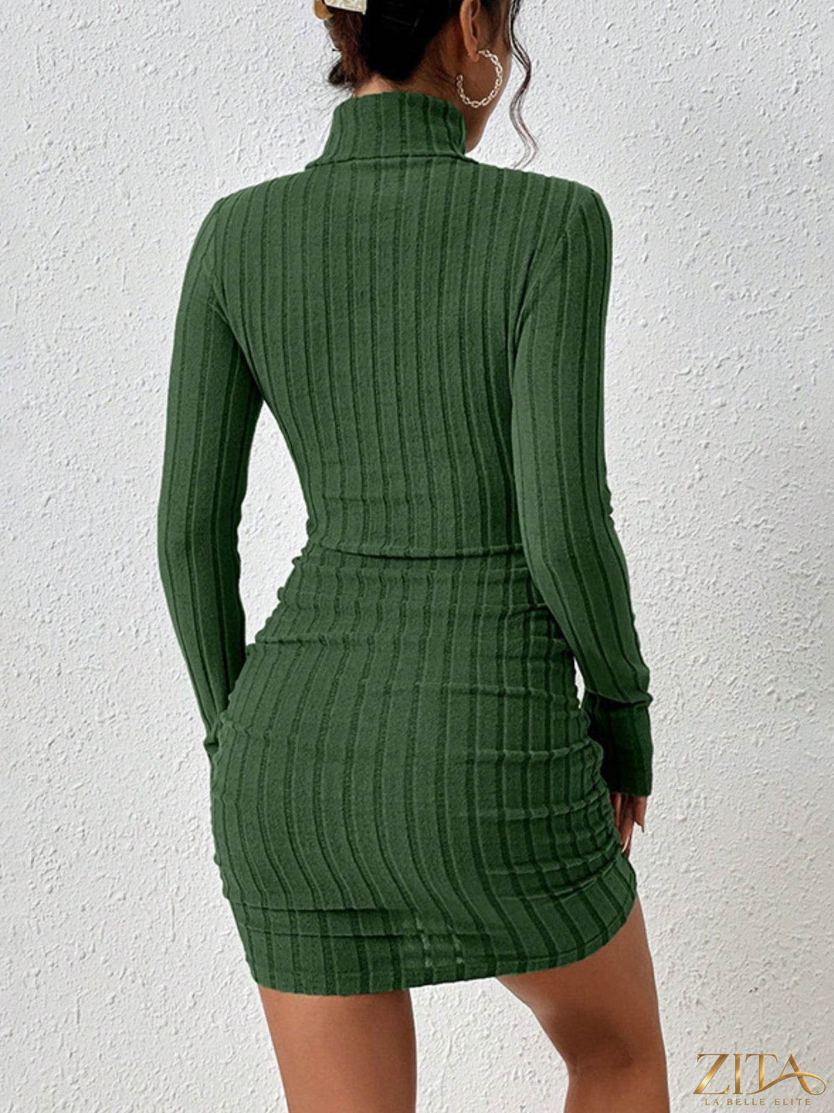 Ribbed black turtleneck bodycon mini dress by Trendsi, fitted and stylish, shown on a mannequin.