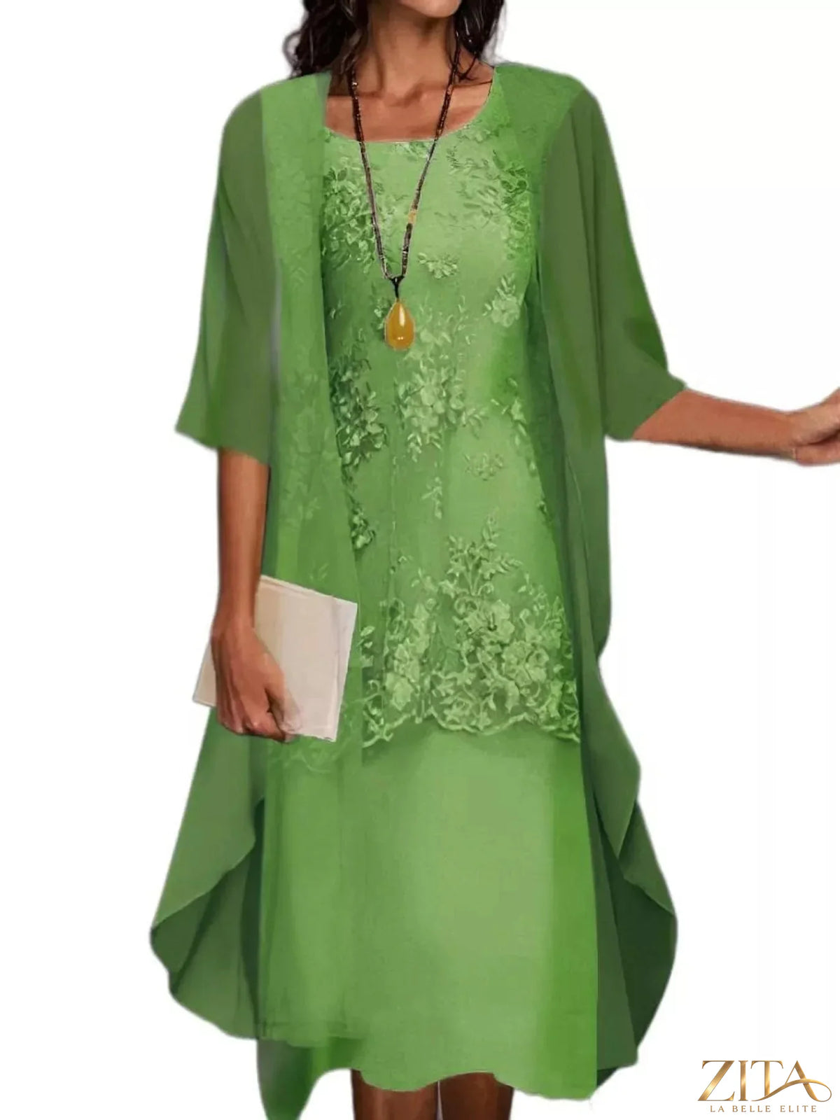 Plus size elegant lace overlay dress with matching chiffon cardigan, stylish Zita La Belle Elite fashion ensemble.