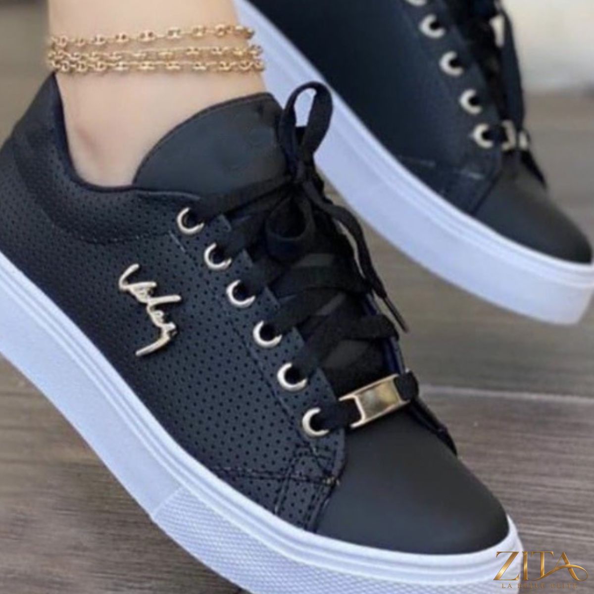 Zita La Belle Elite lace-up round toe sneakers with white and black design, casual footwear for women.