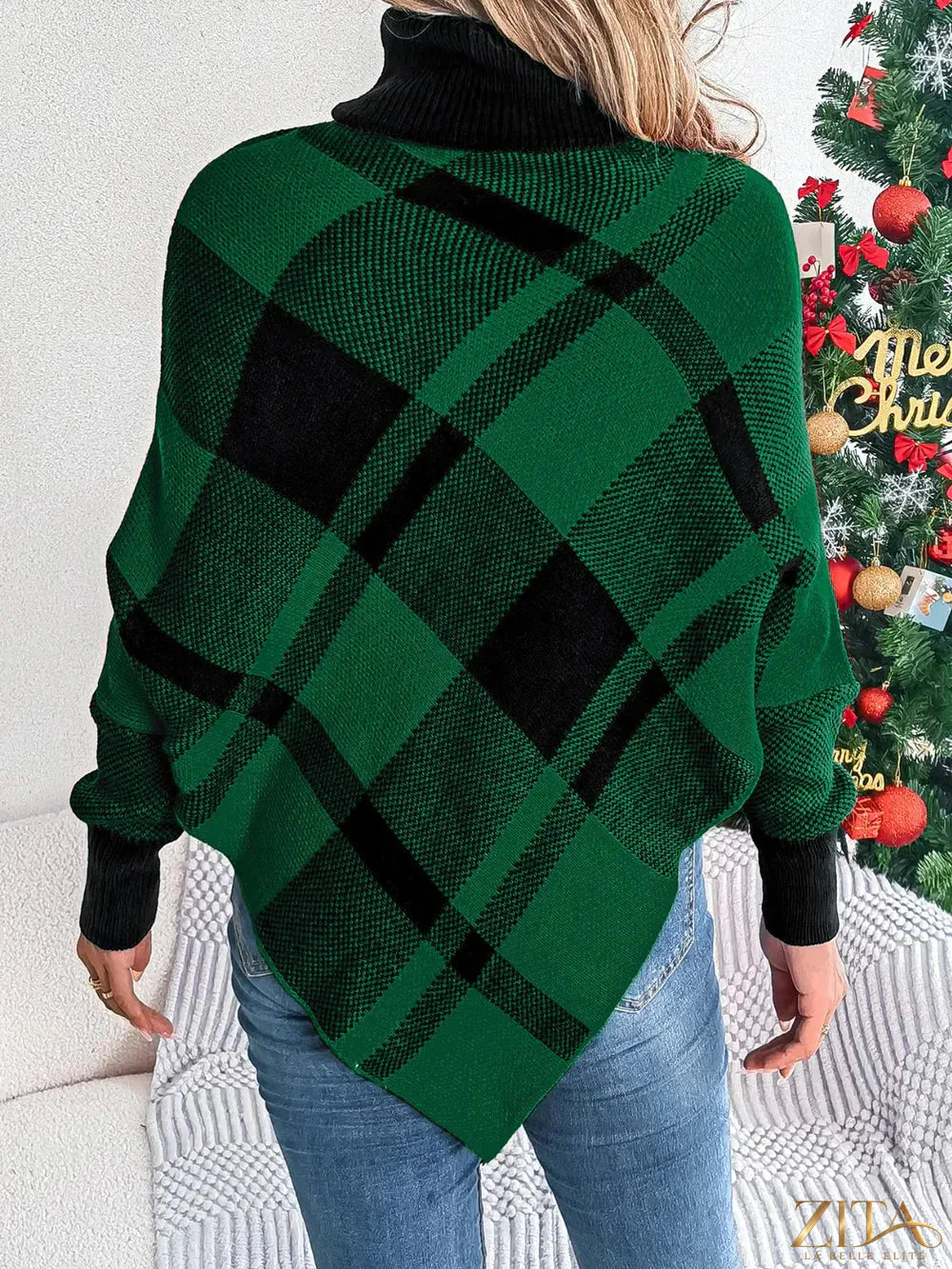 Plaid turtleneck batwing sleeve sweater by Trendsi featuring a cozy, stylish design with a classic plaid pattern and oversized fit.