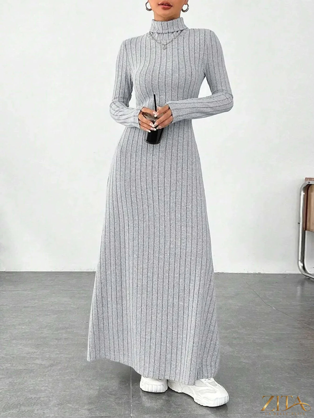 Ribbed navy turtleneck long sleeve maxi knit dress by Trendsi, featuring a fitted ribbed design and full-length hem.