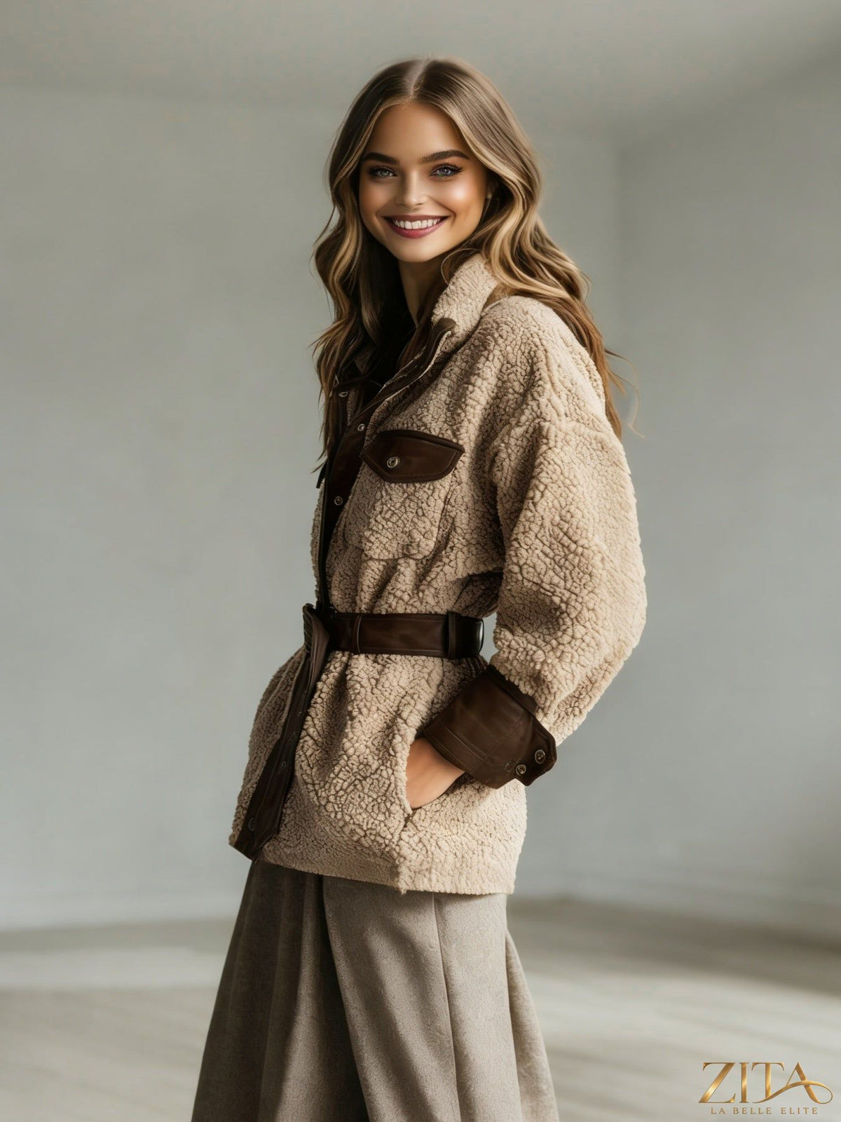 Women’s vintage PU leather jacket with lamb fur lining, autumn winter coat by Zita La Belle Elite, stylish and warm outerwear.