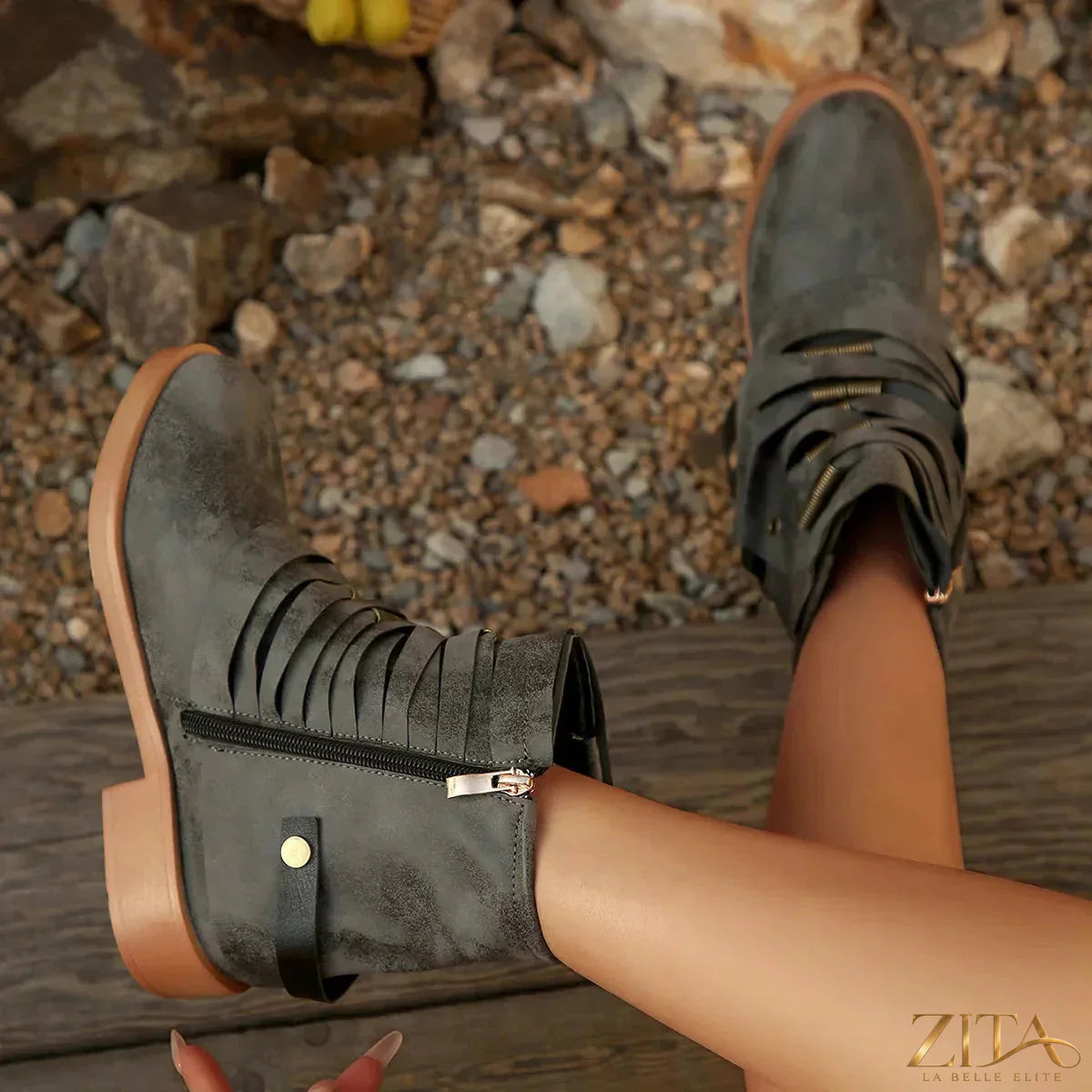 Zita La Belle Elite strappy buckle ankle boots with chunky heels and stylish design, shown in black leather.