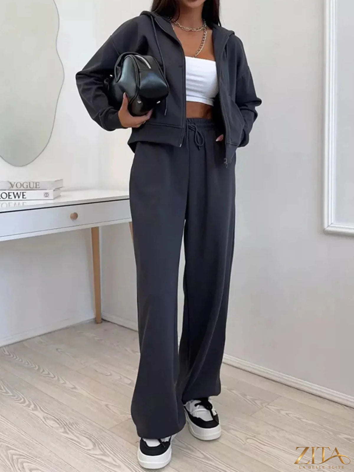 Zita La Belle Elite zip-up hoodie and wide-leg pants set in soft fabric, shown laid flat with the hoodie open and pants folded.