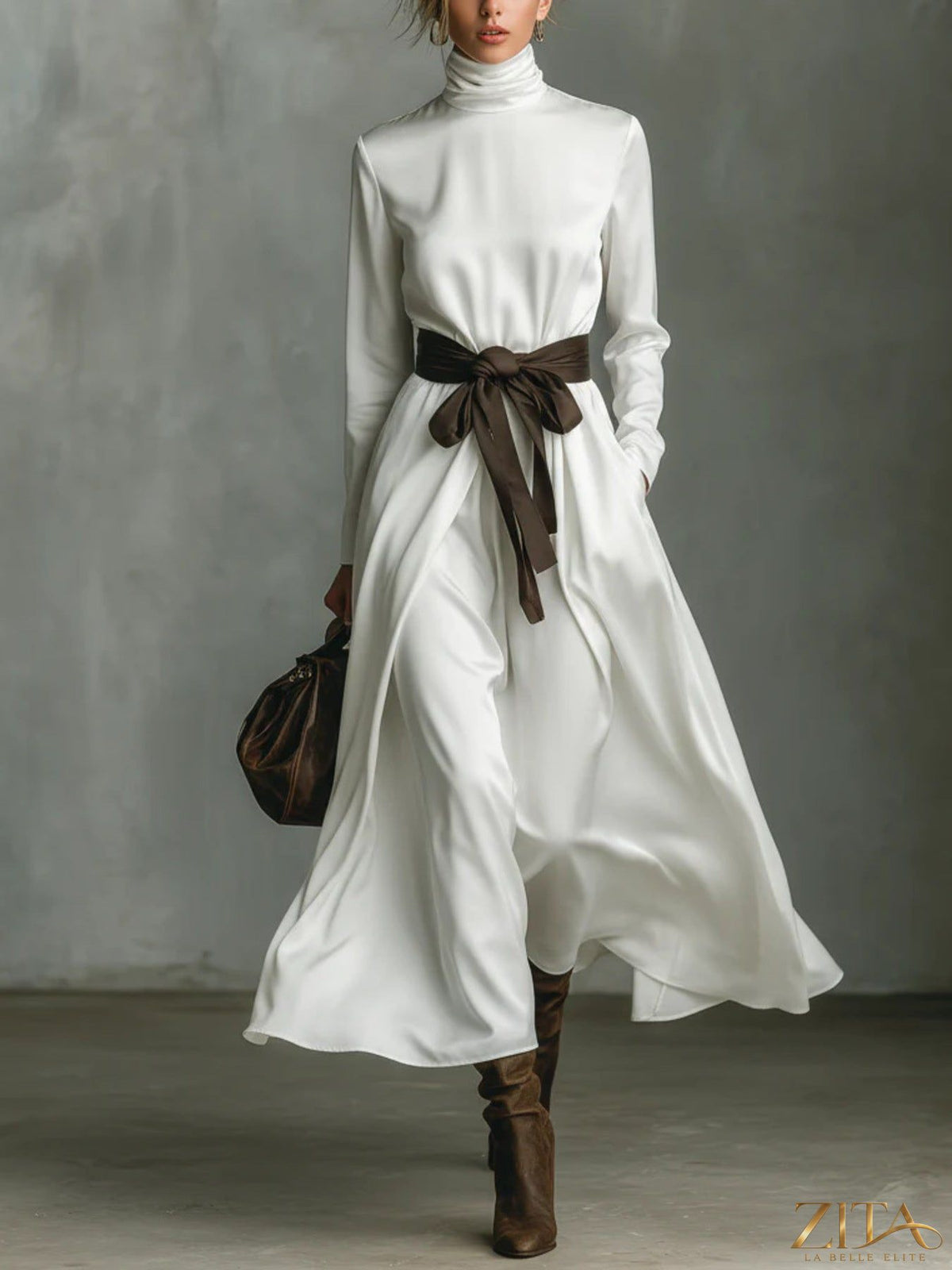 Zita La Belle Elite turtleneck tie waist midi dress in soft fabric, featuring a fitted bodice and elegant length.