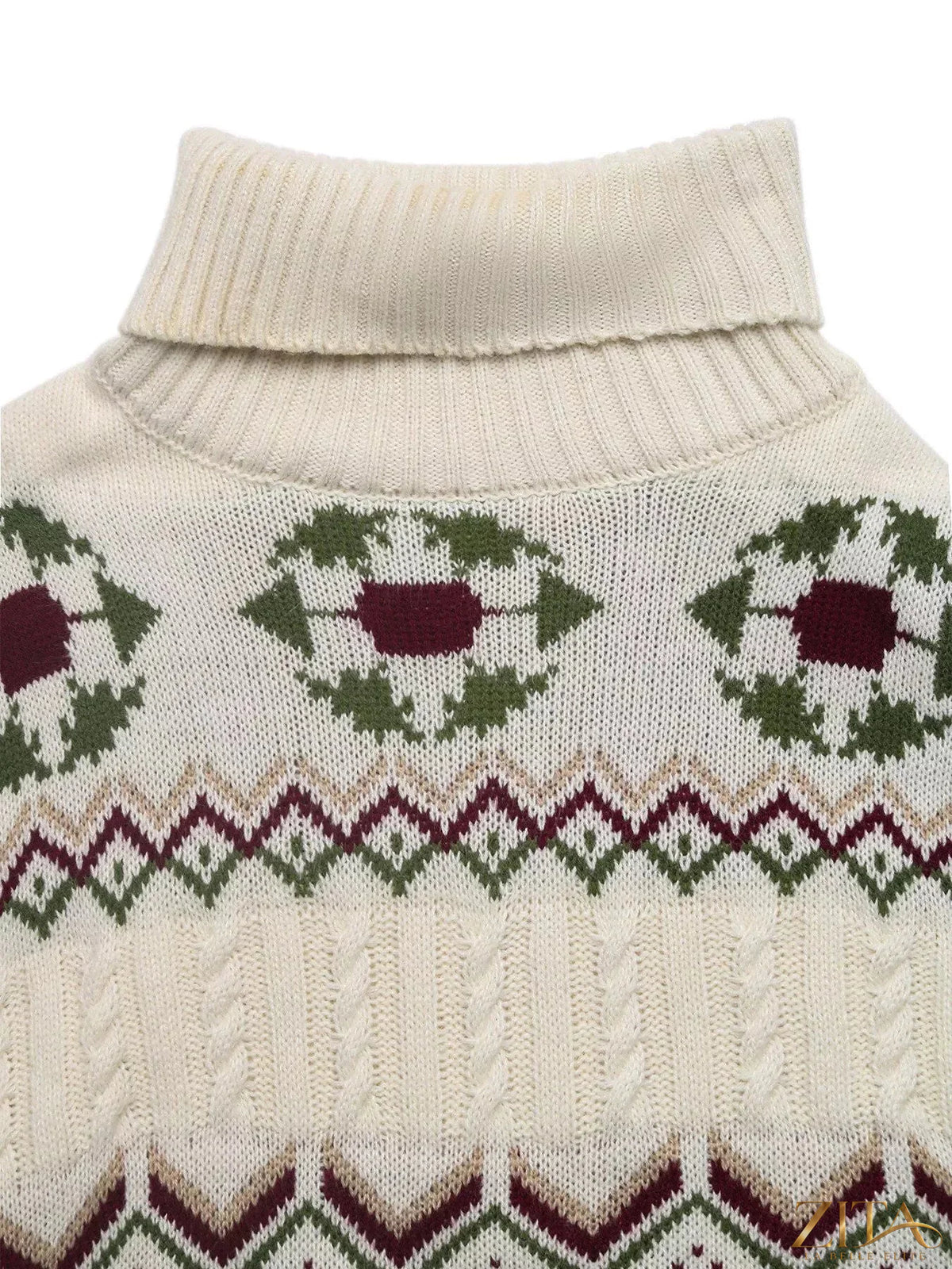 Cable knit turtleneck sweater by Trendsi, showing a cozy cream-colored sweater with textured cable patterns and a high turtleneck collar.