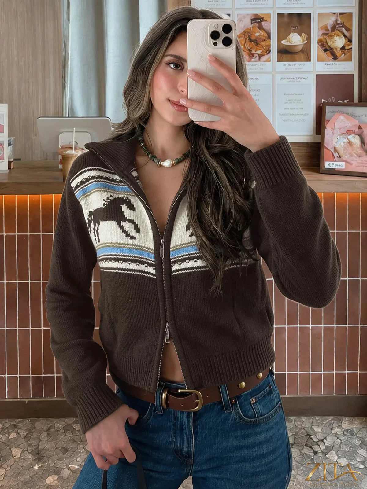Zita La Belle Elite horse zip-up mock neck cardigan featuring a sleek design and front zipper, perfect for casual wear.