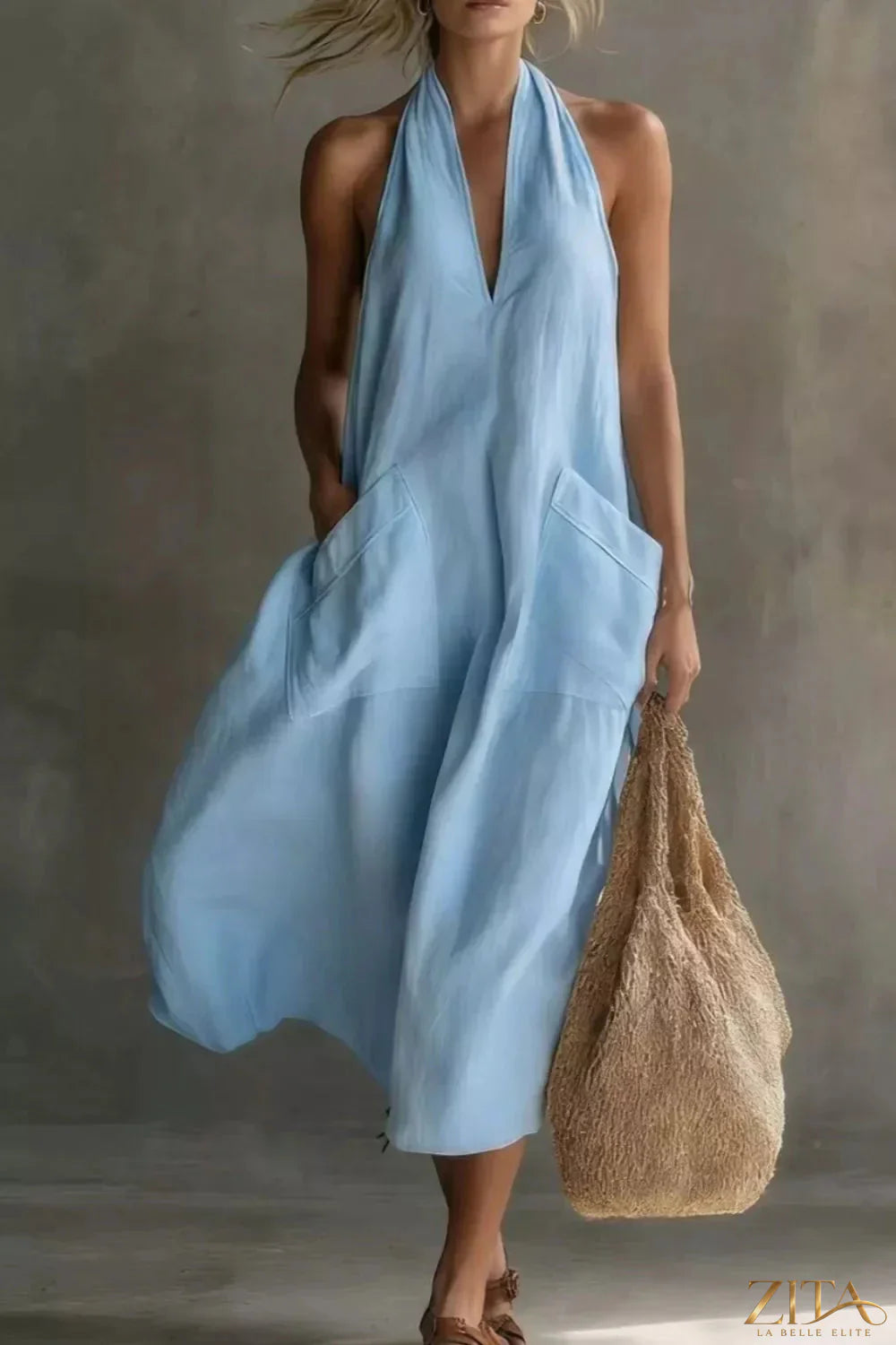 Zita La Belle Elite casual halter neck pocket midi dress in lightweight fabric, featuring a relaxed fit and side pockets.