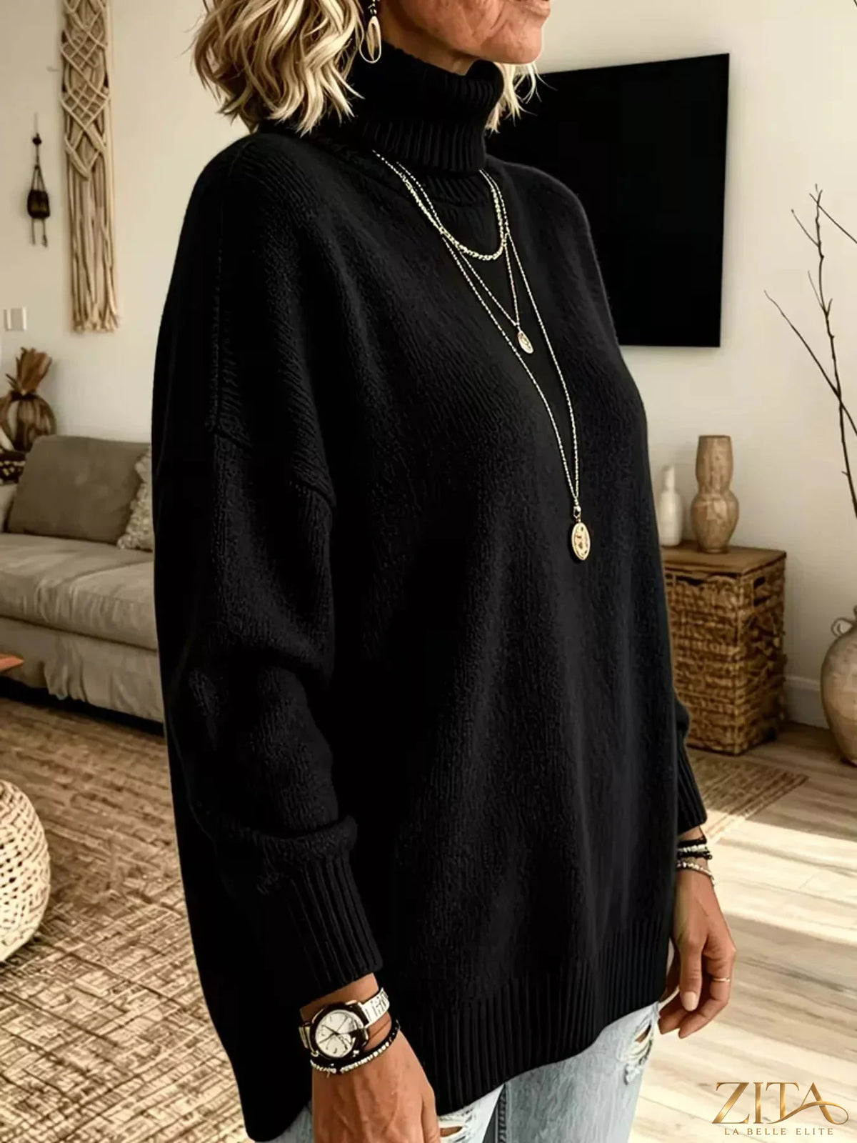 Zita La Belle Elite turtleneck dropped shoulder sweater in soft knit, showcasing a cozy, stylish fit with a high neckline and relaxed sleeves.