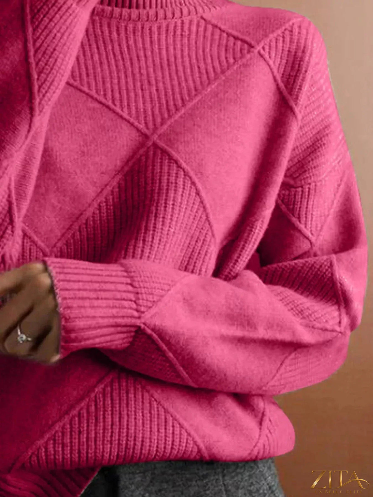 Zita La Belle Elite argyle pattern turtleneck sweater in classic knit, featuring a cozy fit and multicolored diamond design.