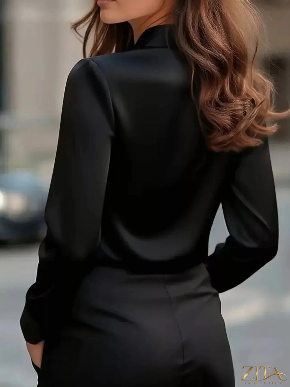 Zita La Belle Elite satin tie-front long sleeve blouse with a relaxed fit and button-down front, shown on a hanger.