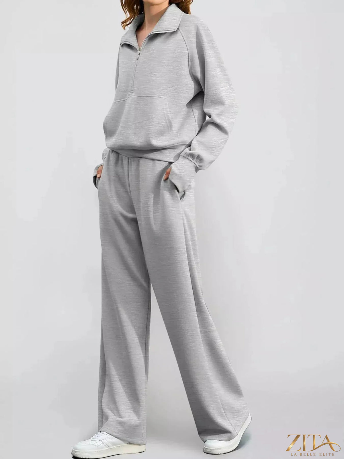 Zita La Belle Elite half-zip sweatshirt and wide-leg pants set in soft fabric, shown in a stylish, relaxed fit.