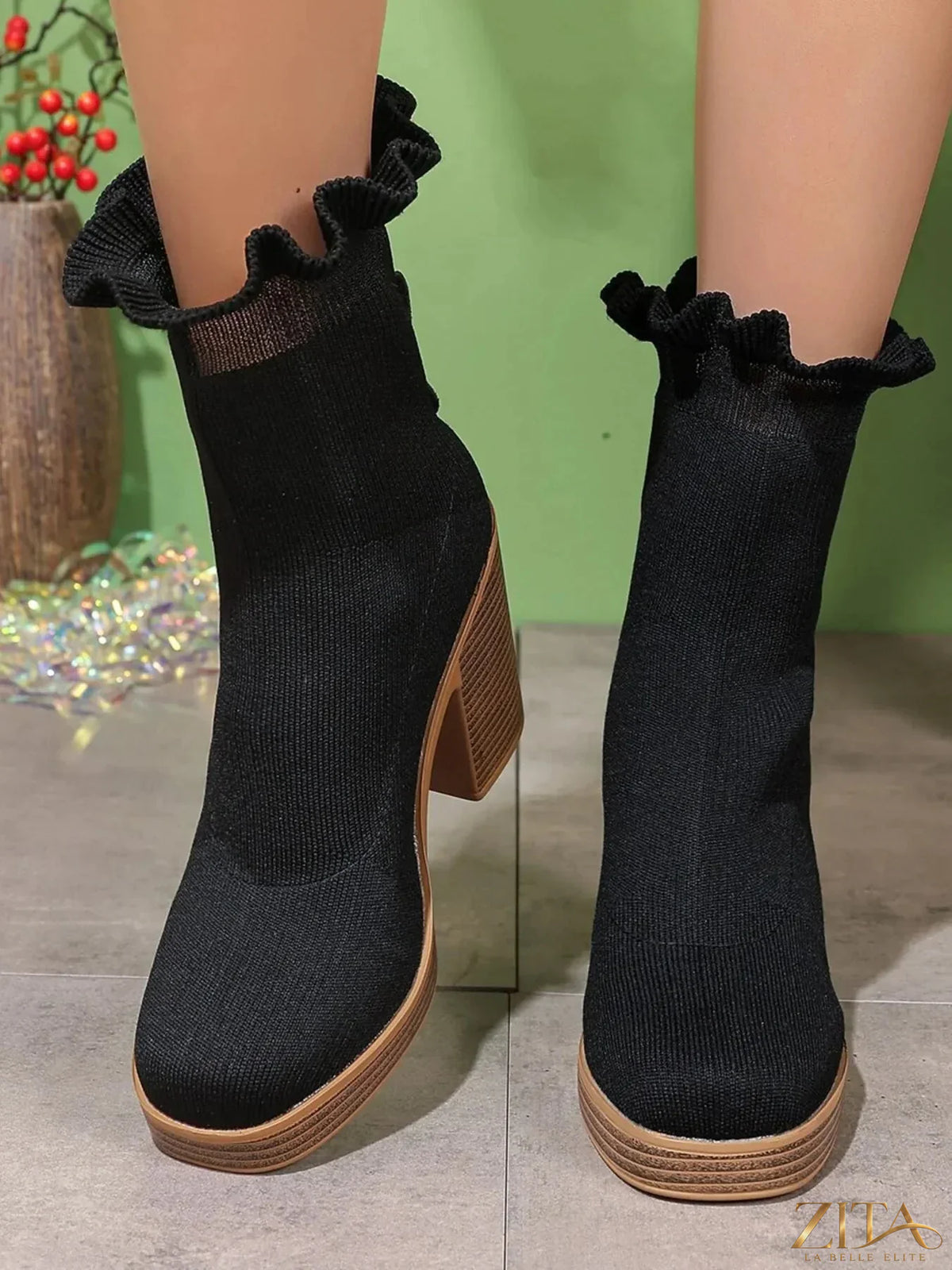 Zita La Belle Elite ruffled trim chunky heel boots with stylish design and textured material, perfect for fashionable footwear.