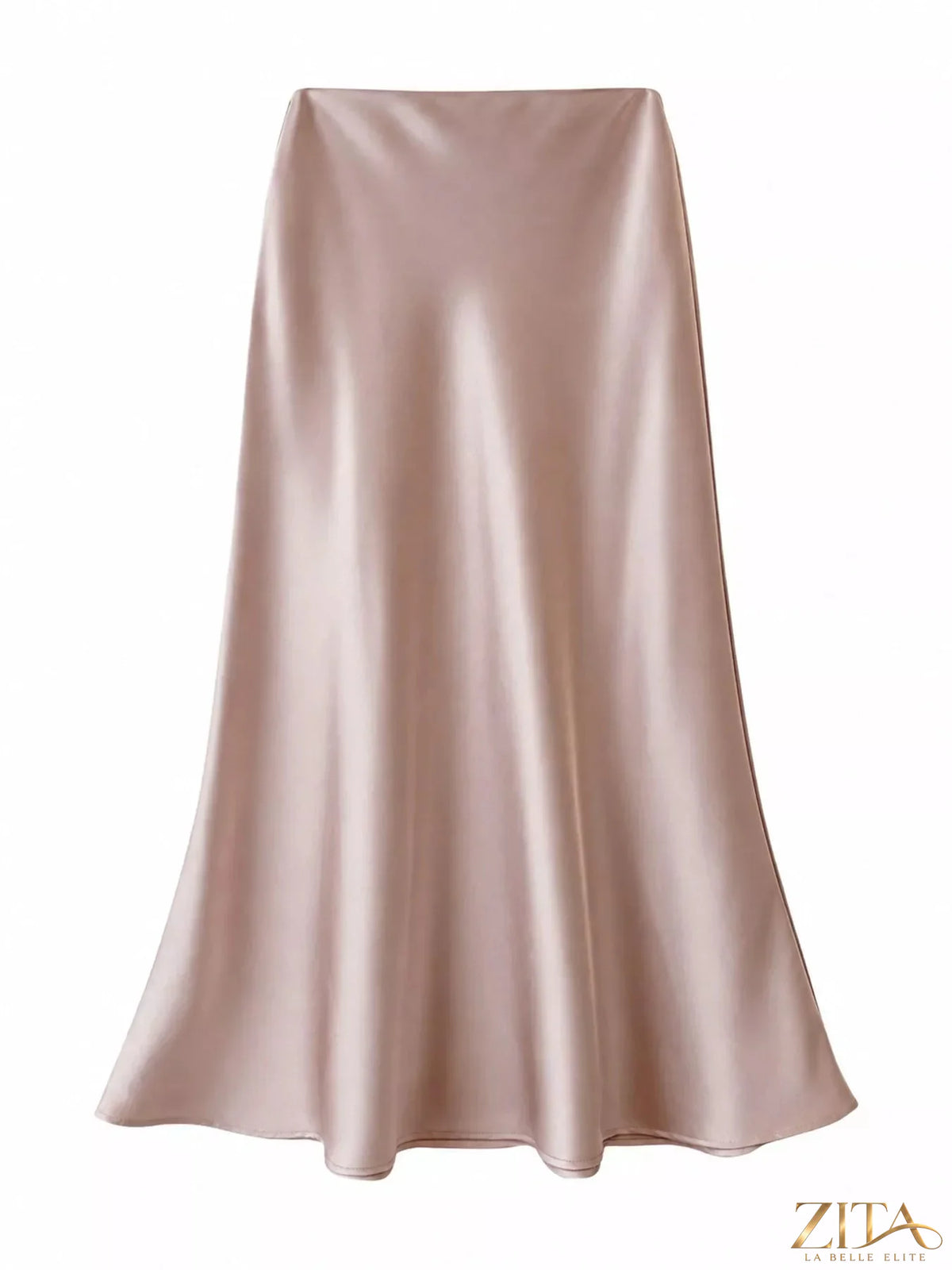 Full size high-waisted satin midi skirt in plus size with smooth fabric and elegant design, styled on a model.
