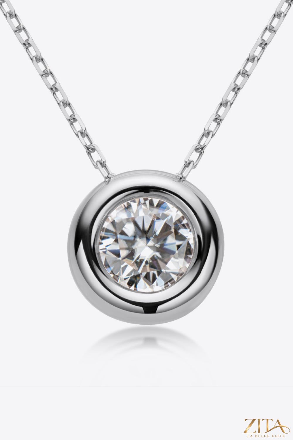 Sterling silver necklace with 1 carat moissanite pendant from Zita La Belle Elite, showcasing a sparkling gemstone on a delicate chain.
