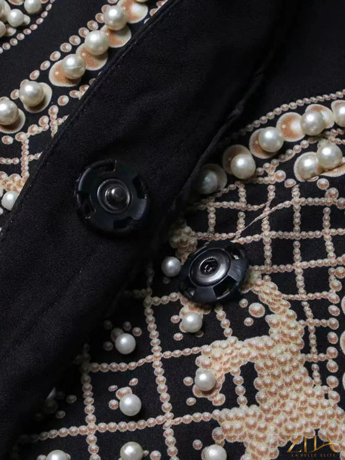 Plus size Zita La Belle Elite embellished pearl blazer with a single button, tailored fit, and stylish design.