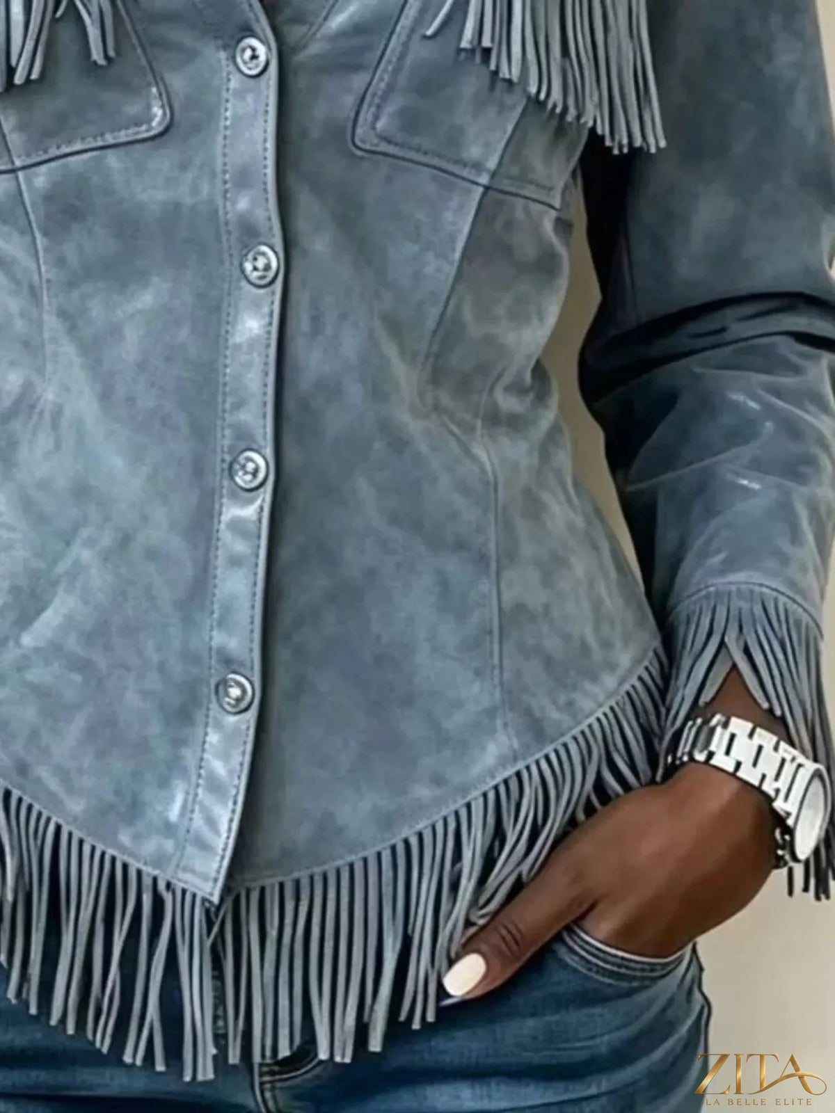 Plus size fringed snap-down jacket by Trendsi, showing a full-length view with fringe details and a collar, stylish and trendy.