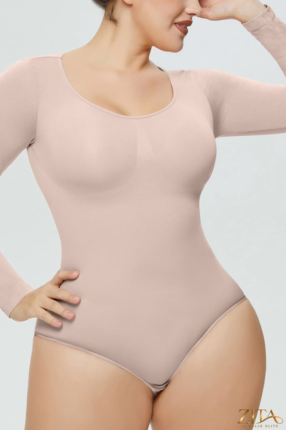 Zita La Belle Elite long sleeve shaping bodysuit in black, featuring seamless design and control fit for a smooth silhouette.