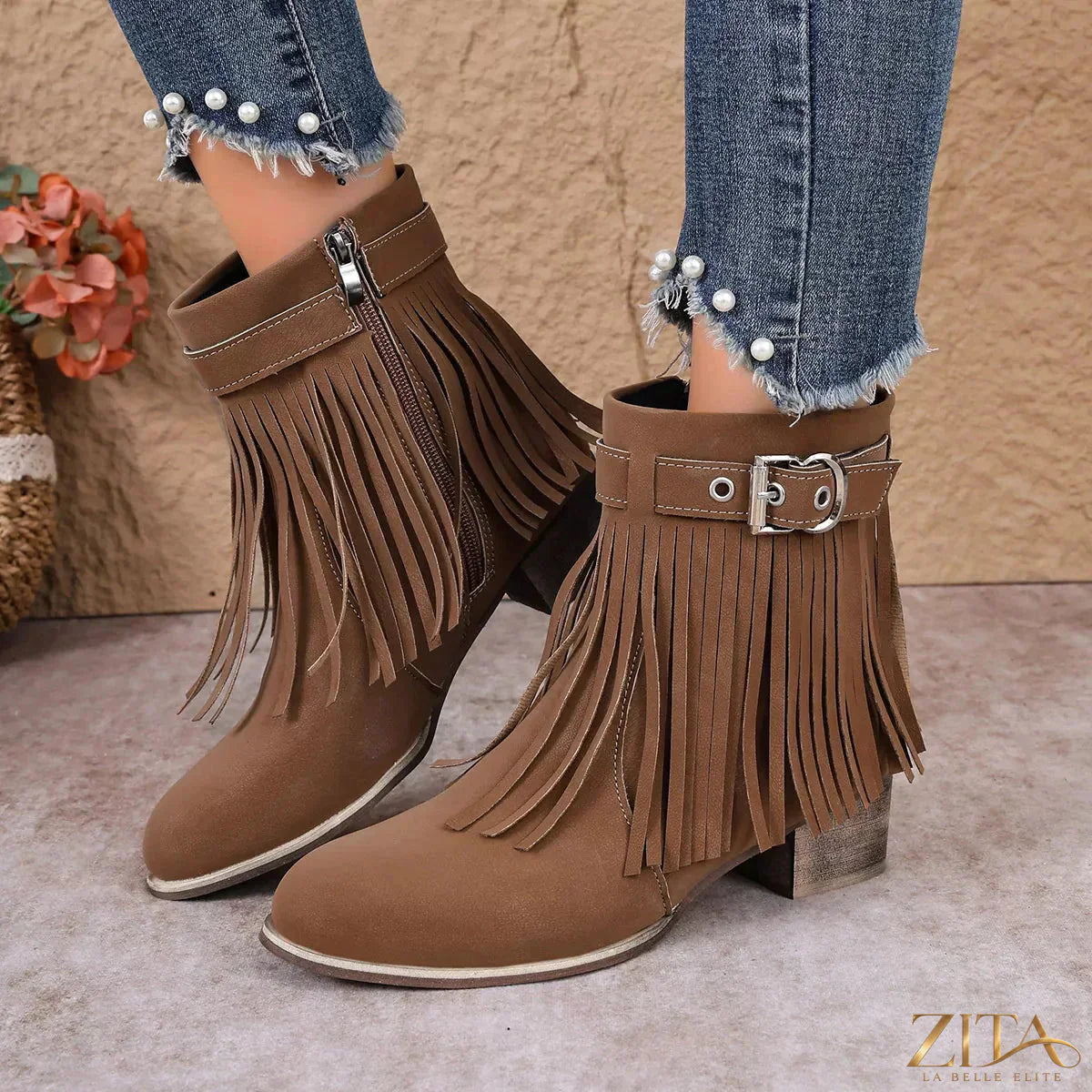 Zita La Belle Elite fringe ankle boots with buckle detail, featuring suede material and a stylish, trendy design.