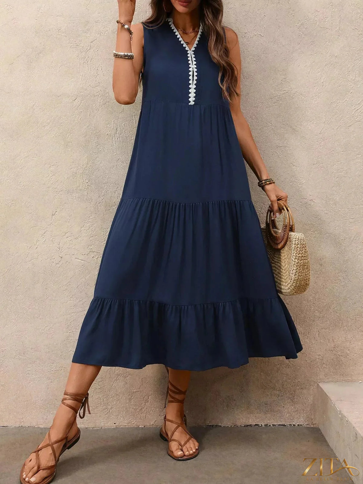 Zita La Belle Elite sleeveless tiered ruffle hem casual dress, lightweight fabric, flowy design, ideal for warm weather.