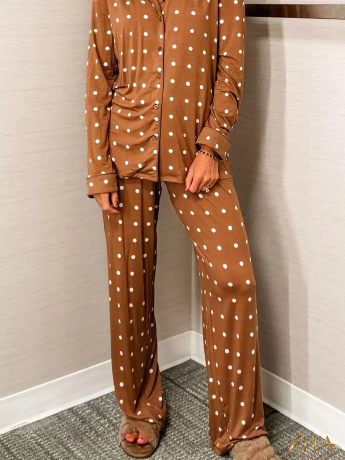 Zita La Belle Elite polka dot button-down top and matching pants lounge set, casual and comfortable sleepwear ensemble