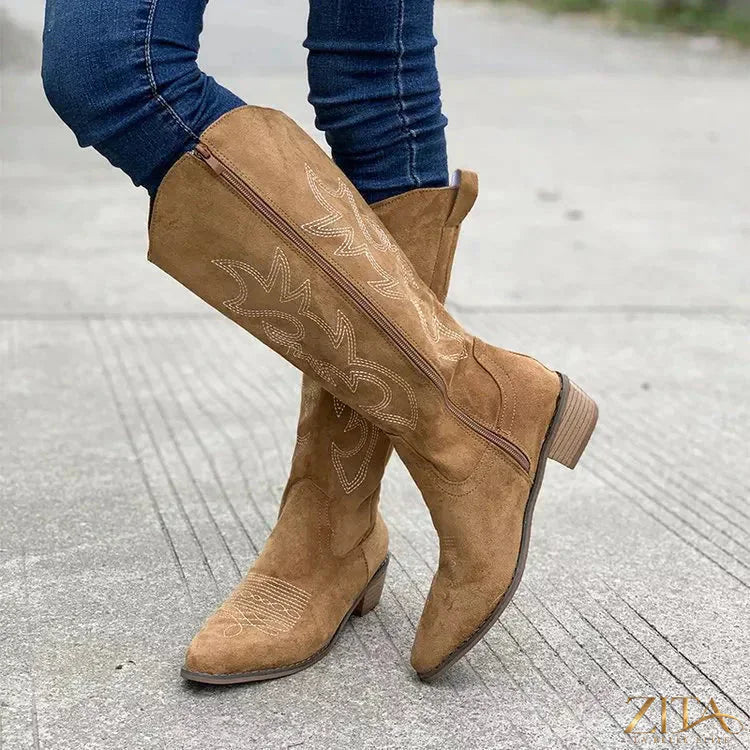 Zita La Belle Elite point toe block heels boots in black leather, featuring a sleek silhouette and sturdy heel for stylish wear.