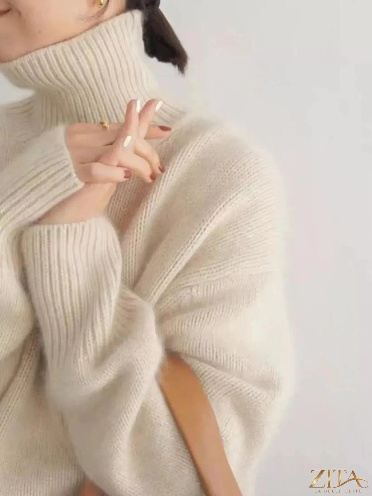Zita La Belle Elite turtleneck dropped shoulder sweater in soft knit, featuring a cozy fit and stylish design.