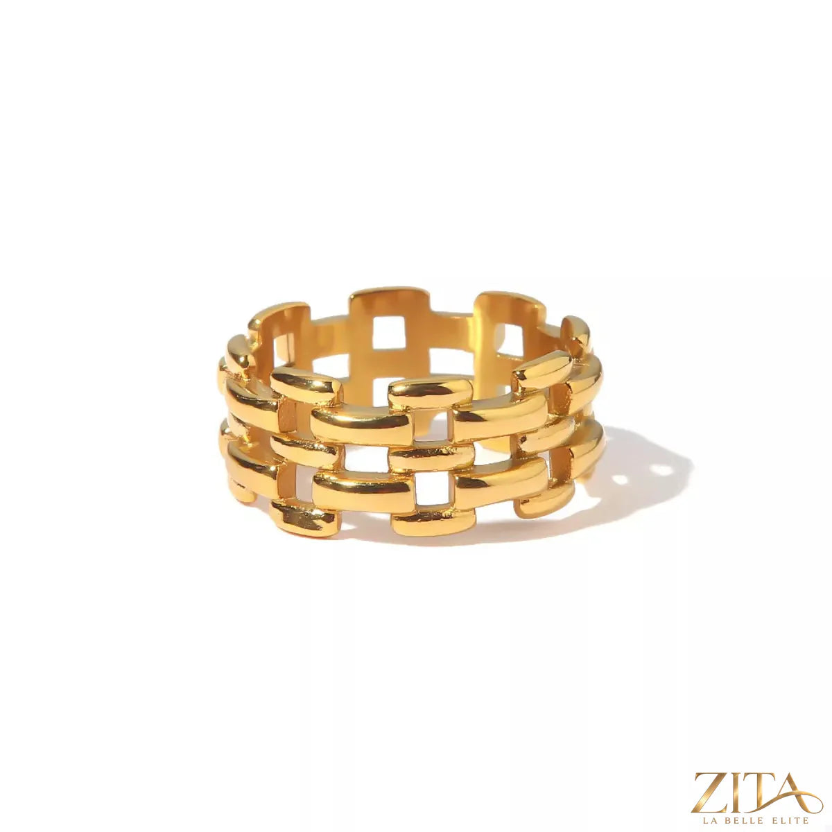 18K gold-plated cutout ring with intricate design, showcasing Zita La Belle Elite's elegant jewelry style.