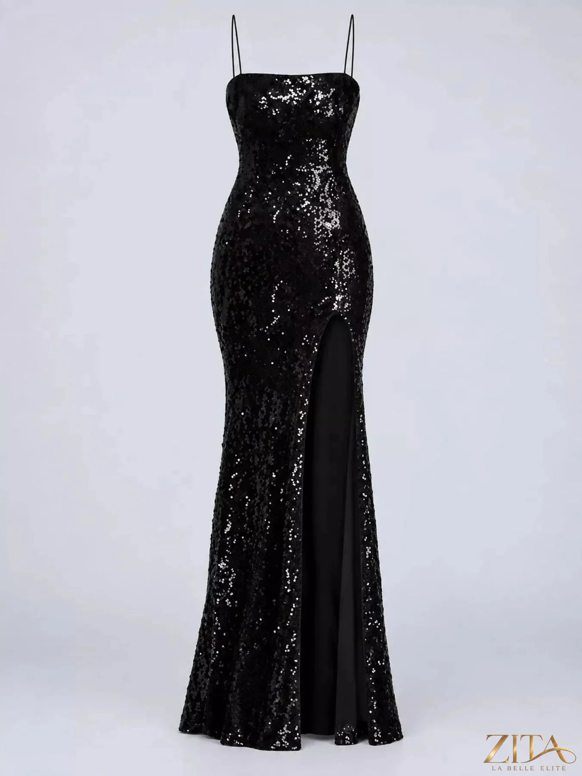 Sequin embellished black backless bodycon evening dress with lace-up back by Zita La Belle Elite, showcasing its fitted silhouette and elegant design.