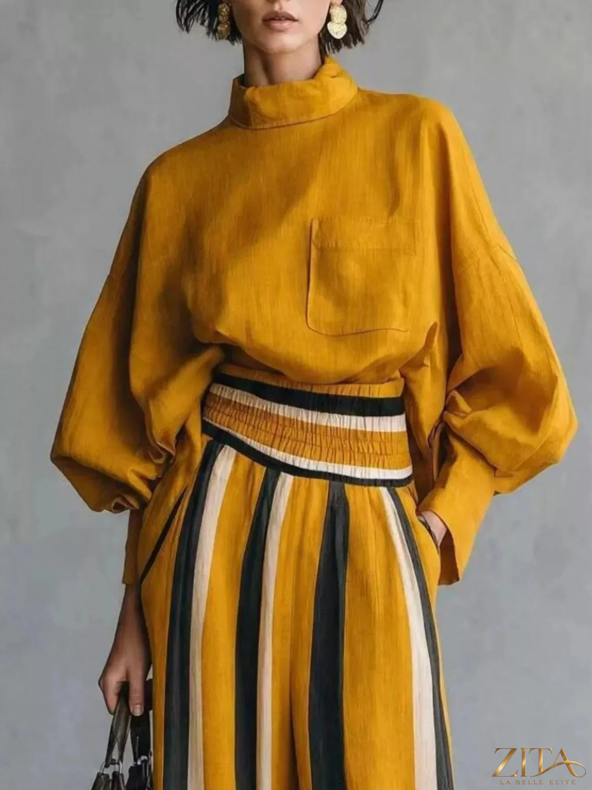 Plus size Trendsi full size mock neck top and striped wide-leg pants set, stylish and comfortable outfit ensemble.