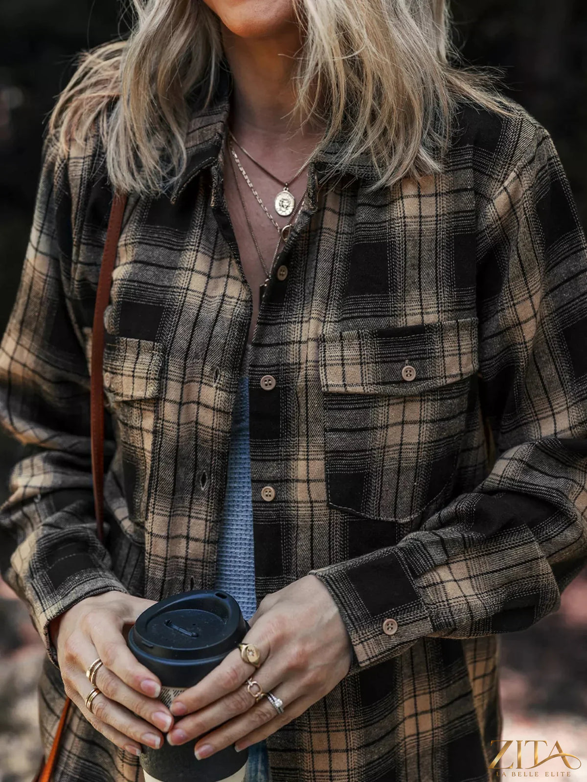 Zita La Belle Elite plaid brushed shacket with double flap pockets, featuring a stylish double flap design and cozy plaid fabric.