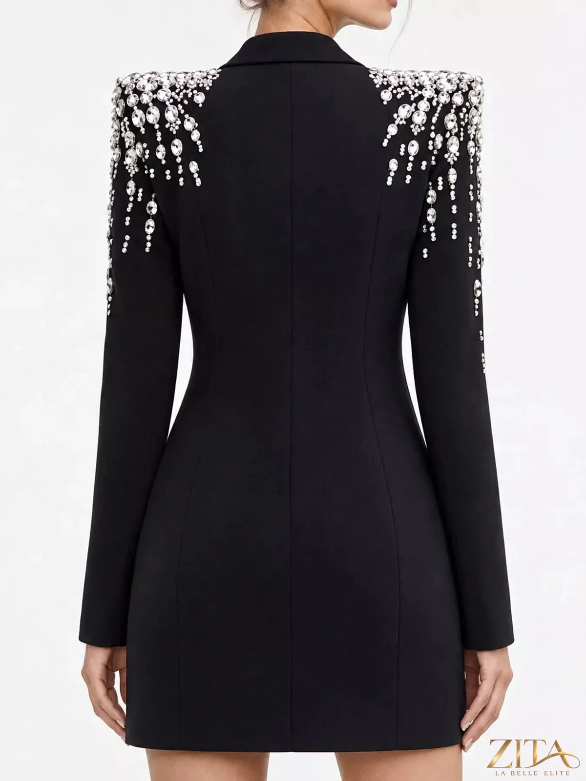 Plus size Zita La Belle Elite rhinestone shoulder double-breasted blazer with full size fit and stylish design.
