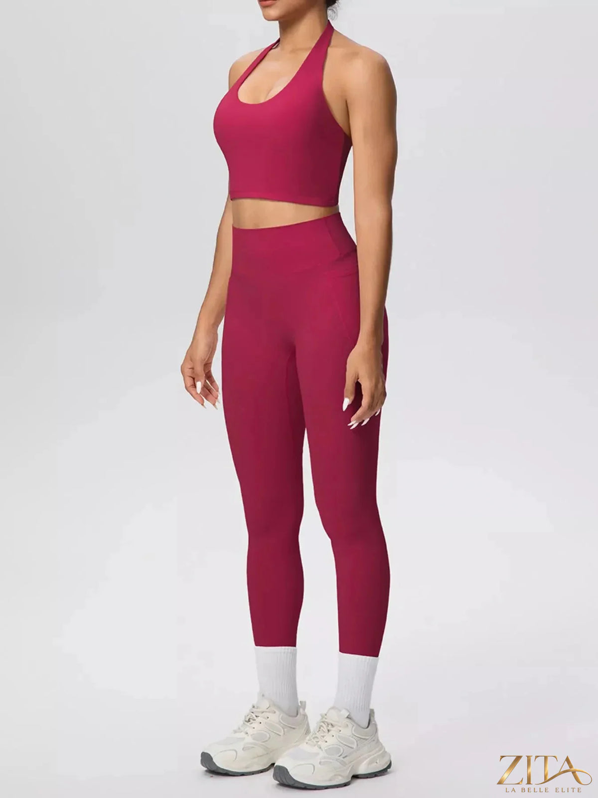 Zita La Belle Elite halter neck crop top and high-waisted leggings active set, featuring a fitted crop top and matching stretchy leggings.
