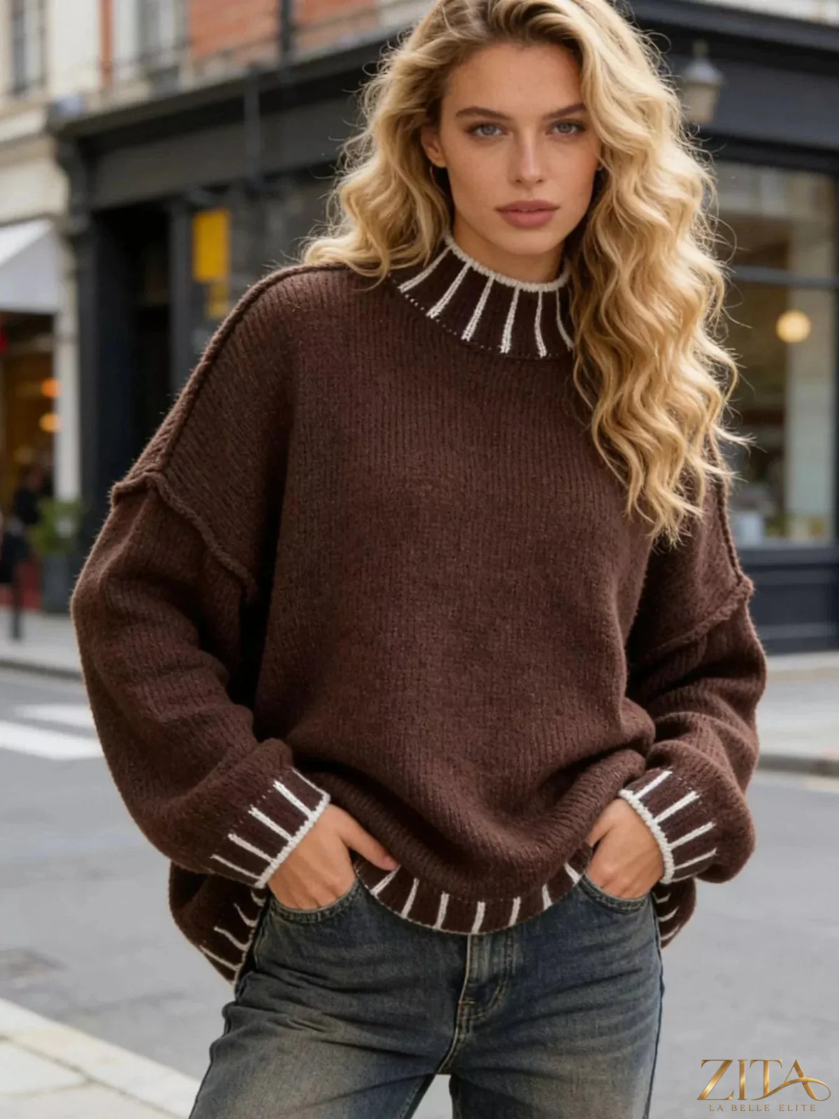 Zita La Belle Elite turtleneck dropped shoulder sweater in cozy knit fabric, featuring a relaxed fit and stylish design.