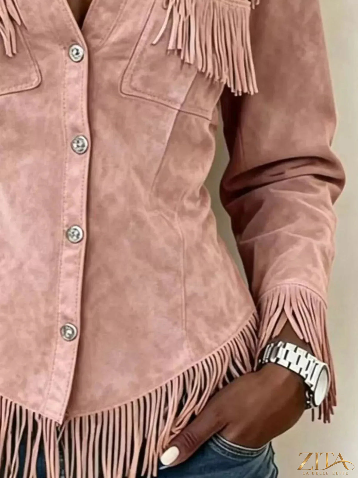Plus size fringed snap-down jacket by Trendsi, showing the full-length style with fringe details and snap closures.