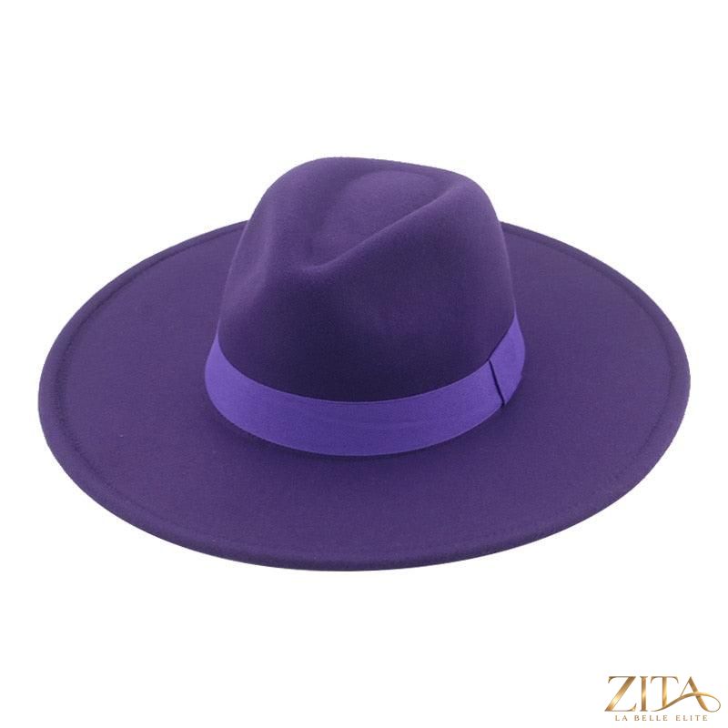Elegant women's wide brim fedora hat with belt, stylish retro design, UV protection, perfect for weddings and fashionable occasions.