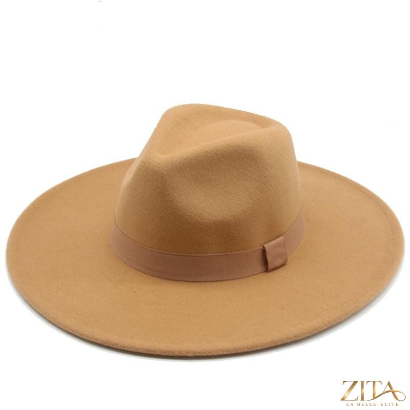 Elegant women's wide brim Fedora hat with belt by Zita La Belle Elite, featuring a stylish retro design and UV protection.