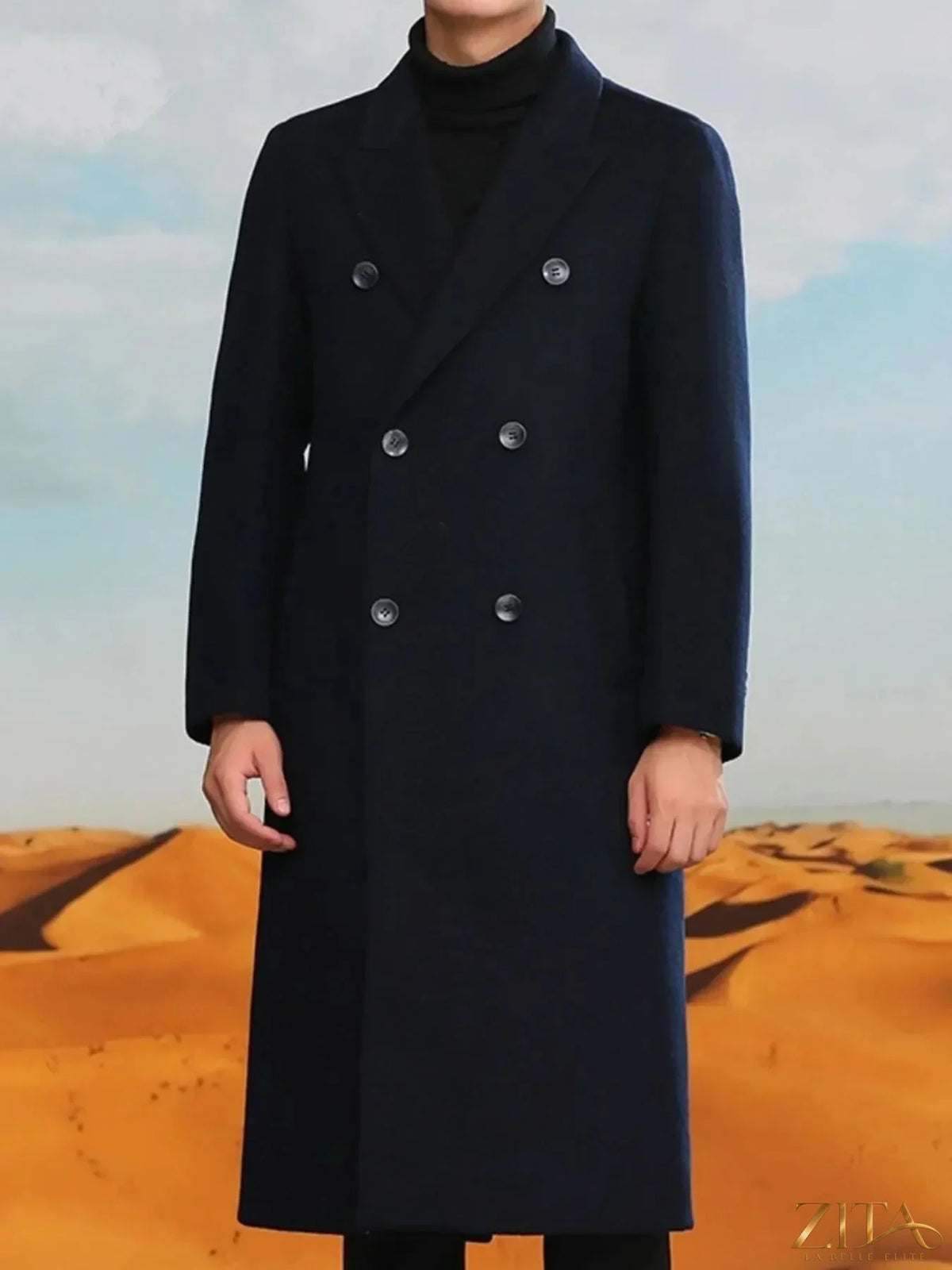 Men's plus size double-breasted long wool coat by Zita La Belle Elite, shown in dark gray with classic lapels and button details.