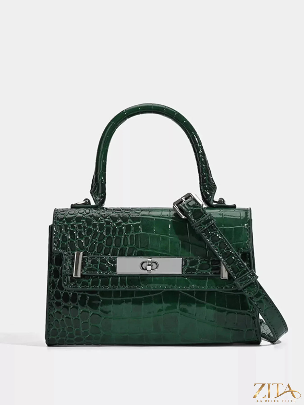 Zita La Belle Elite croc-embossed top handle handbag with structured design and gold-tone hardware, stylish and sophisticated.