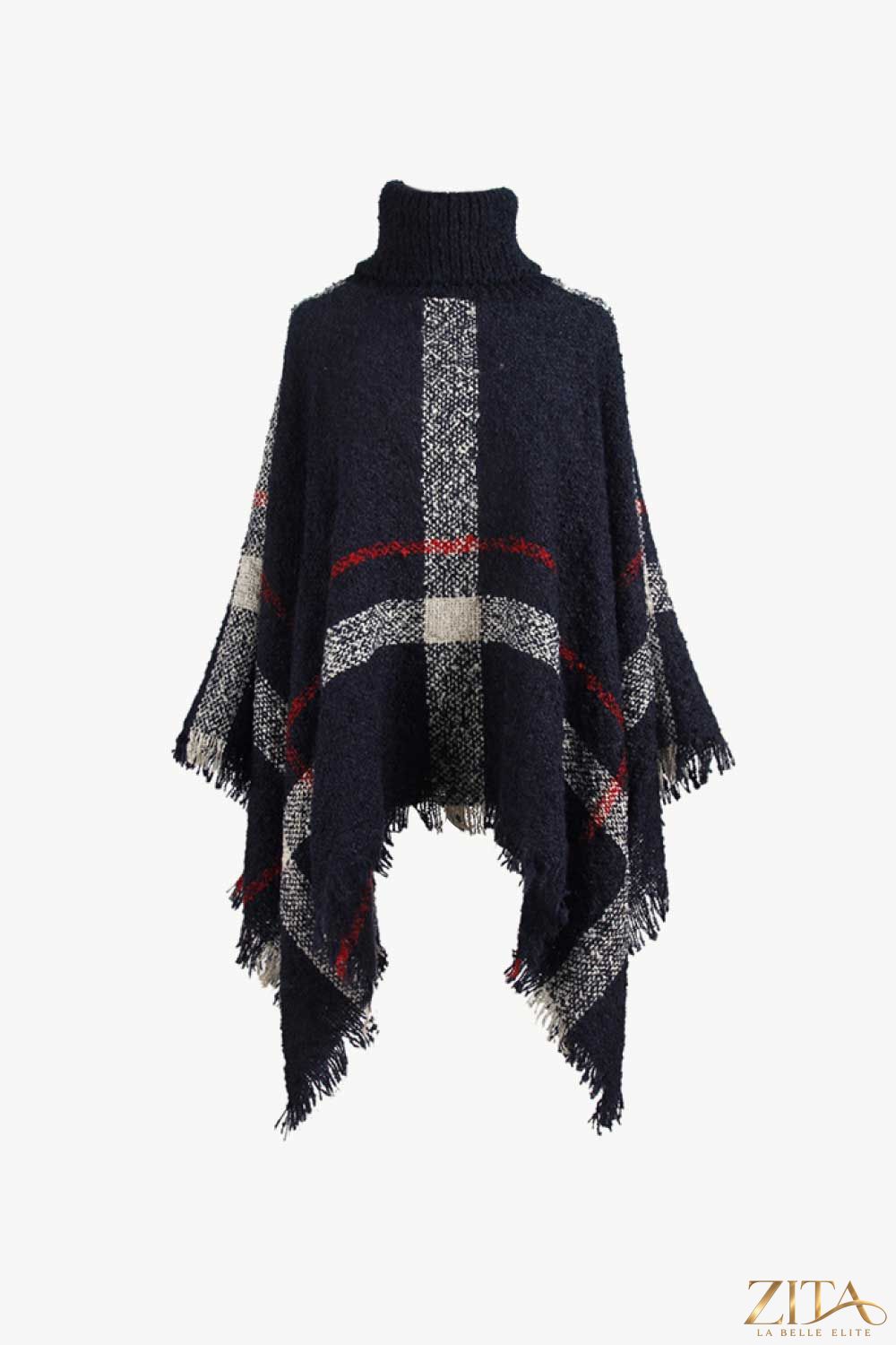 Plaid turtleneck raw hem poncho by Trendsi, featuring a cozy plaid pattern, turtleneck design, and unfinished hem for a casual look.