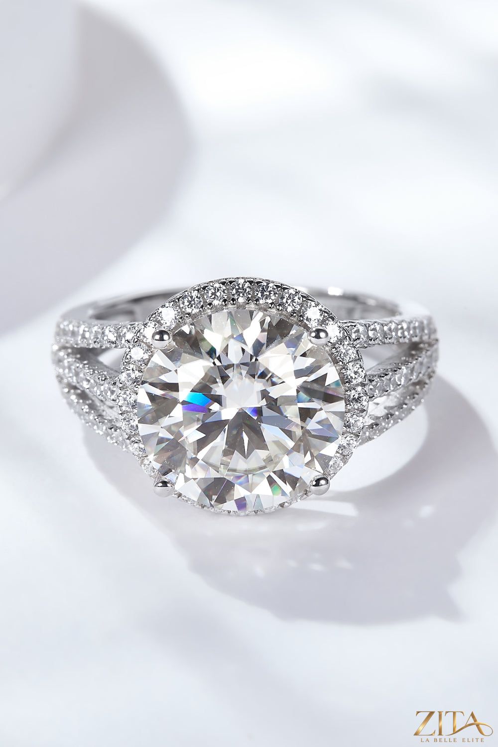 5 carat moissanite split shank ring with sparkling stones and elegant design, showcasing the Trendsi brand jewelry.