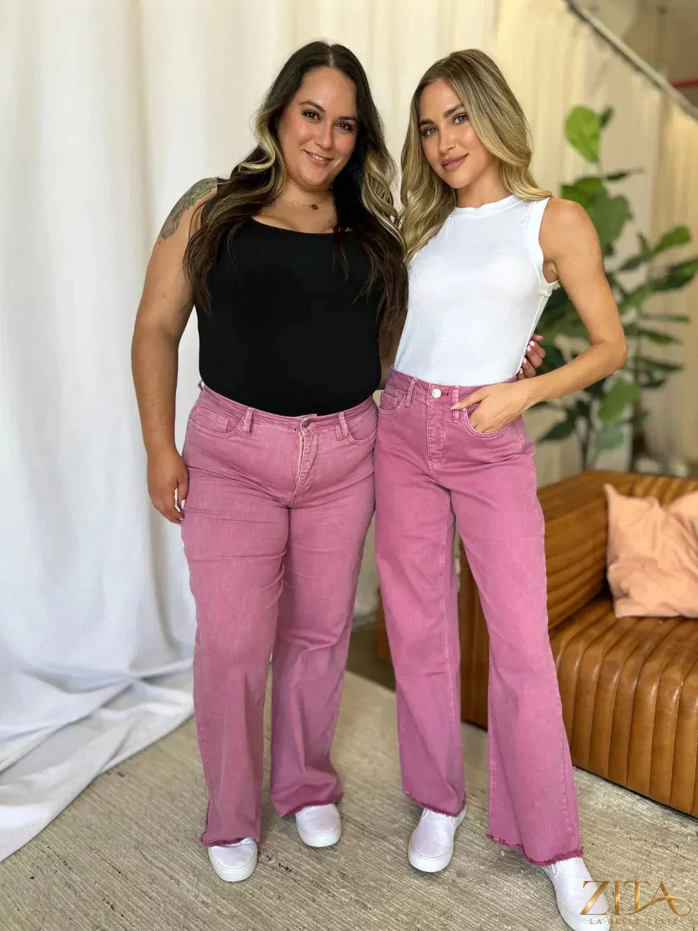 Zita La Belle Elite RFM full size high rise garment dye wide leg jeans displayed flat, showcasing deep indigo color and wide leg design.