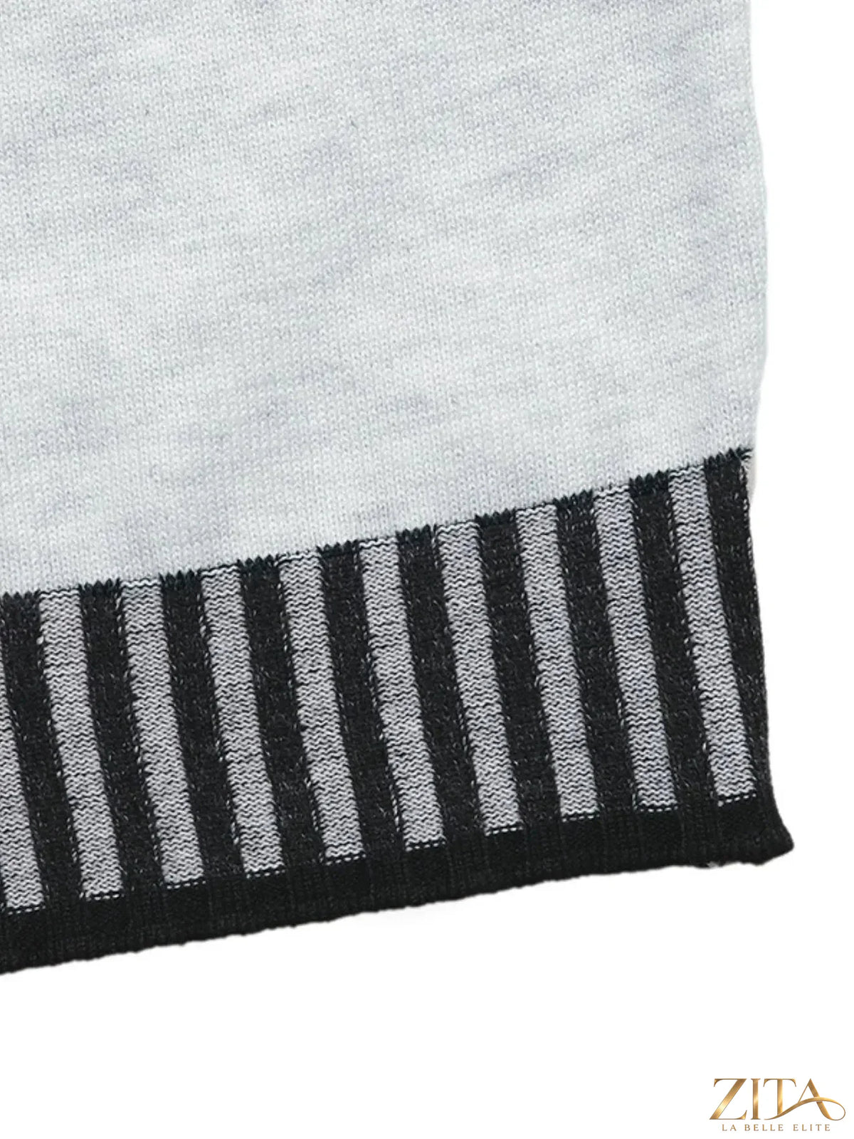 Zita La Belle Elite striped trim tie waist sweater dress with ribbed cuffs and hem, featuring a cozy, stylish knit design.