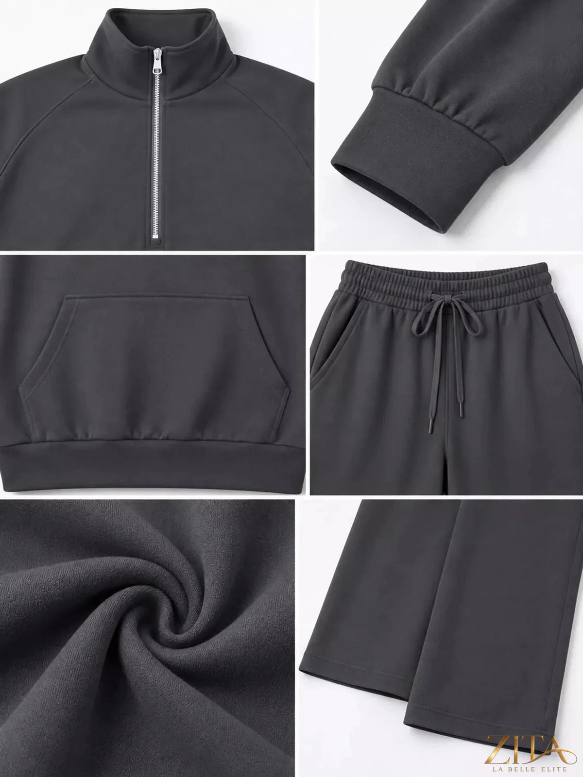 Zita La Belle Elite half-zip sweatshirt and wide-leg pants set in soft fabric, laid flat showing the stylish, coordinated loungewear ensemble.